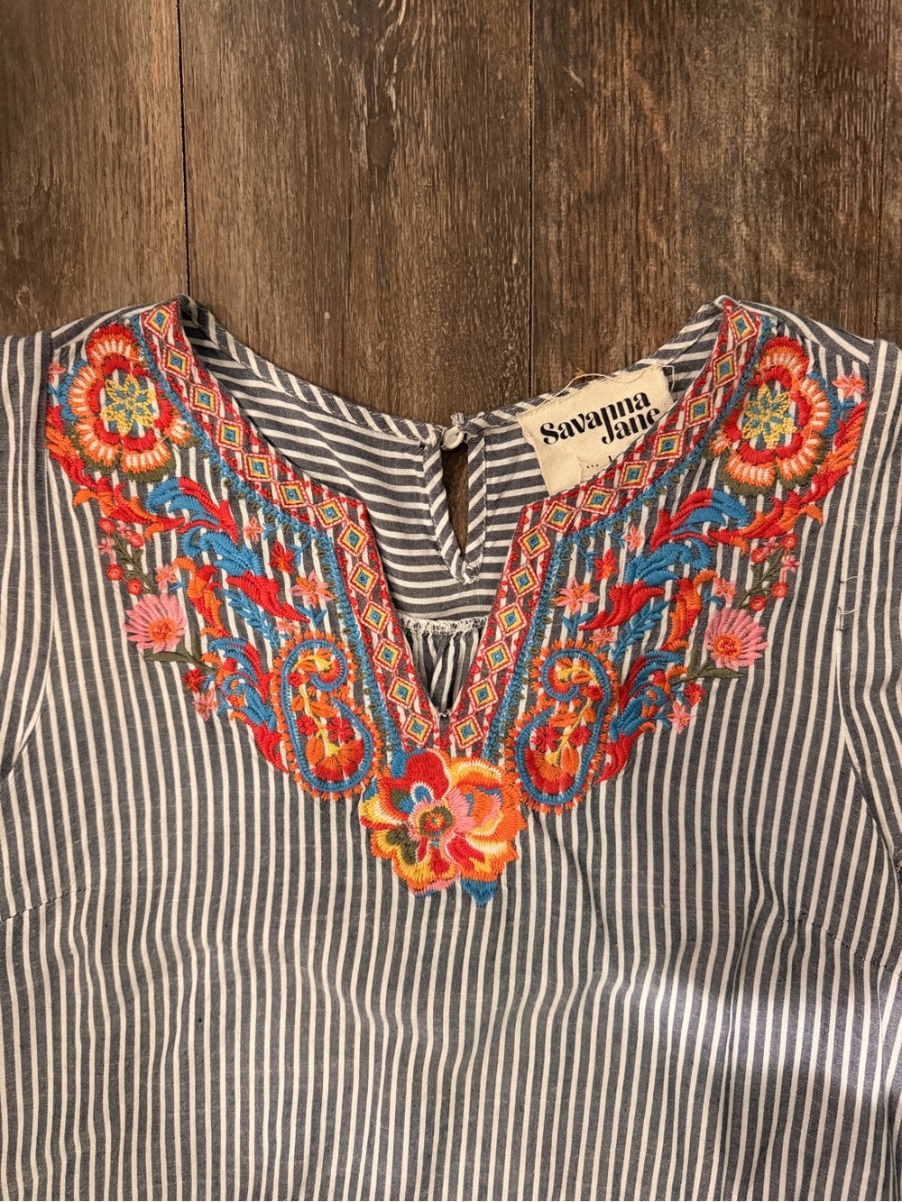 Savanna Jane Blue and White Striped Tank with Multicolor Embroidered Neckline - Picture 2 of 3